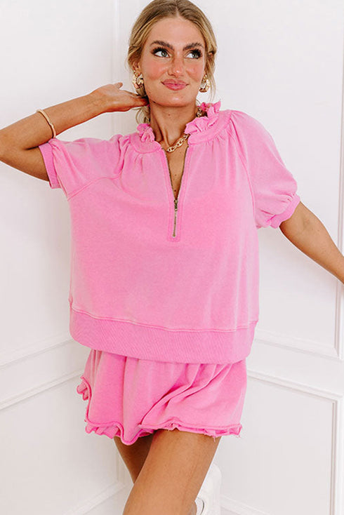 Half Zip Puff Sleeve Top and Ruffled Shorts Set